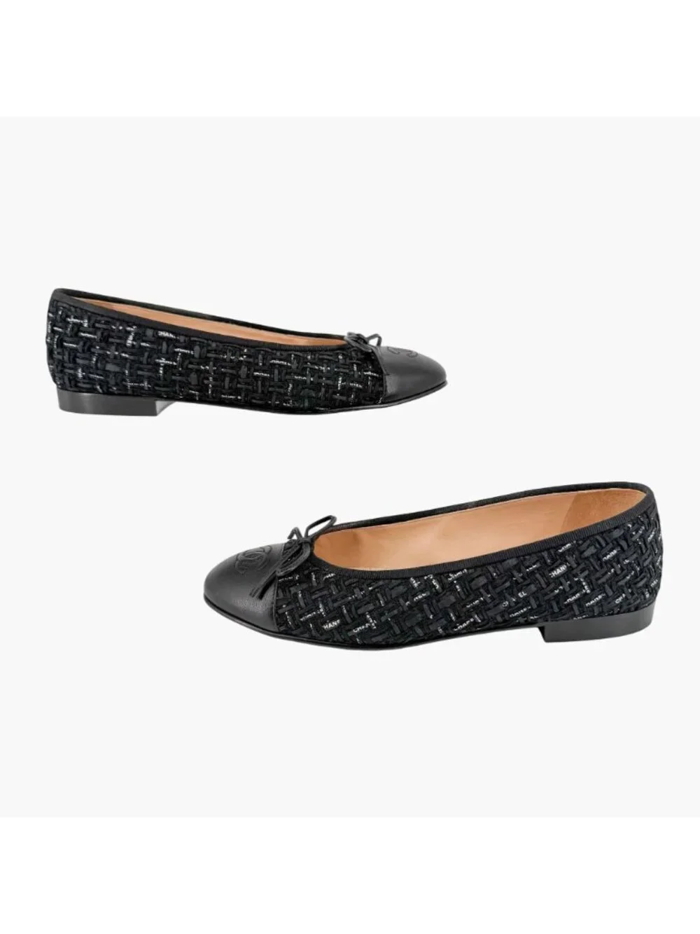 Chanel CC Cap Toe Logo Tweed Ballet Flats Black Leather Size 37 US 6-6.5 Women's - Picture 8 of 15